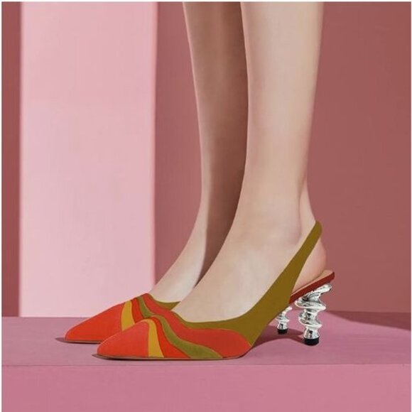 FOWT Red&yellow Rainbow Color Stripes Strange Spiral High Heel Pumps Slip On Poi - Picture 1 of 8